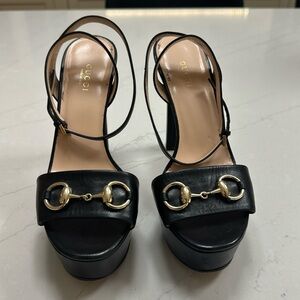 Gucci Black Leather Platform Ankle Strap Sandals Size 37